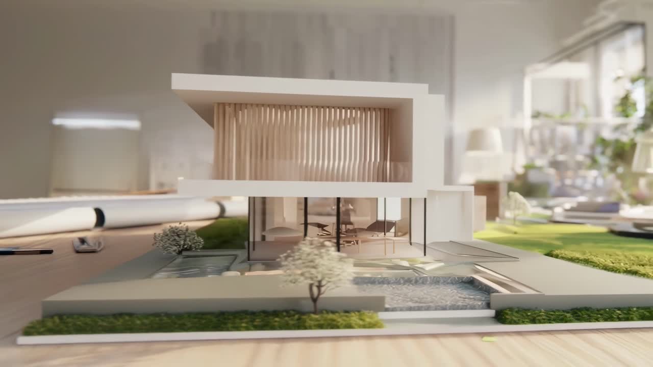 Moderne arkitektonisk model på et bord, filmet i et lavvinkelperspektiv der fremviser designdetaljer