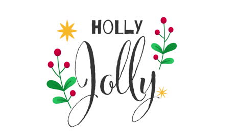 animation of holly jolly text with christmas decorations on white background