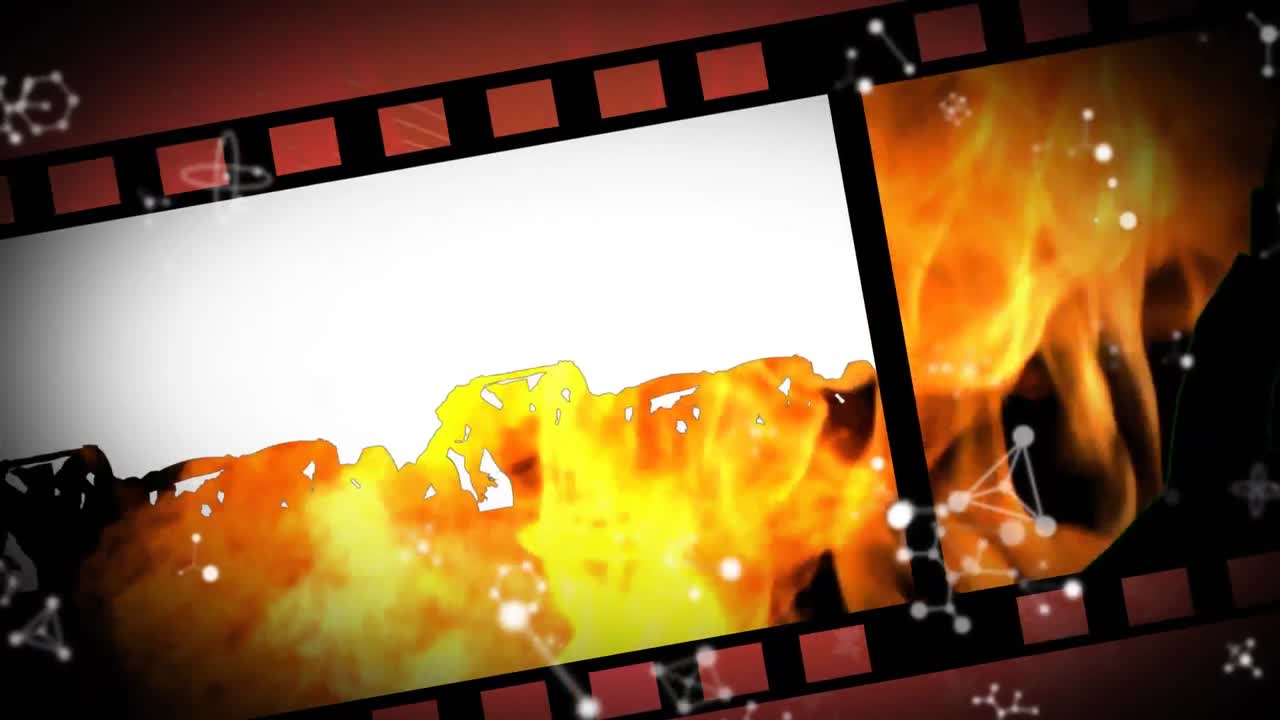 animación de una película antigua con mujeres bailando y concierto de música sobre las llamas