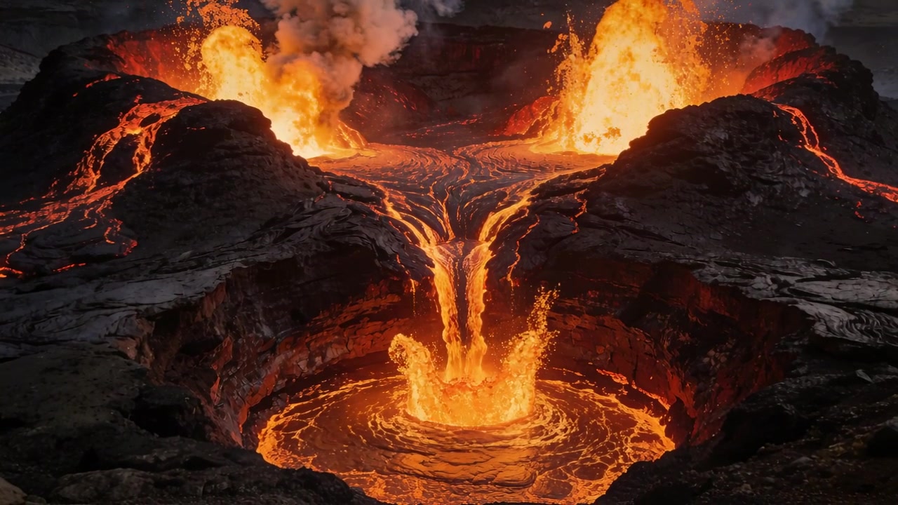 Feeding rear vents pushing lava, central hot lava waterfall cascading into crater pool making steam