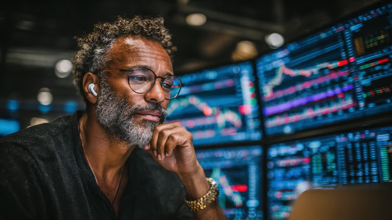 Focused Individual Analyzing Financial Data on Multiple Monitors in a Dynamic Trading Environment, Engaged in Market Trends and Stock Analysis with Intense Concentration