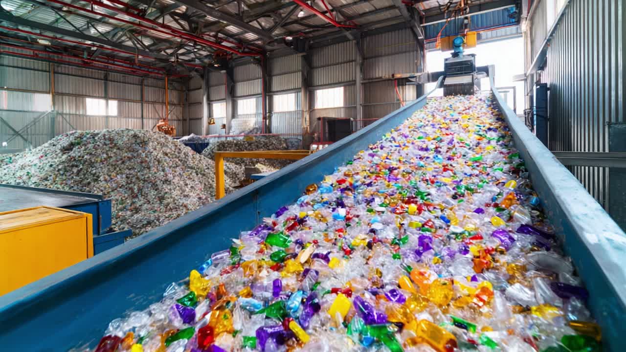 Vibrant Spectrum of Recyclable Plastics Captured in a Sorting Facility: A Glimpse into the Efficient Processing of Colorful PET Materials on a Conveyor Belt Ready for Recycling