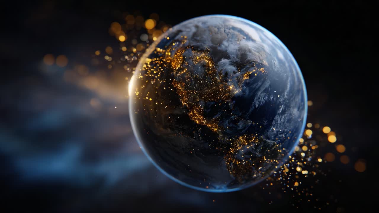 Un'immagine mozzafiato della Terra nel contesto cosmico, che cattura la bellezza del nostro pianeta con le luci scintillanti delle città e le particelle luccicanti, evidenziando la connettività globale