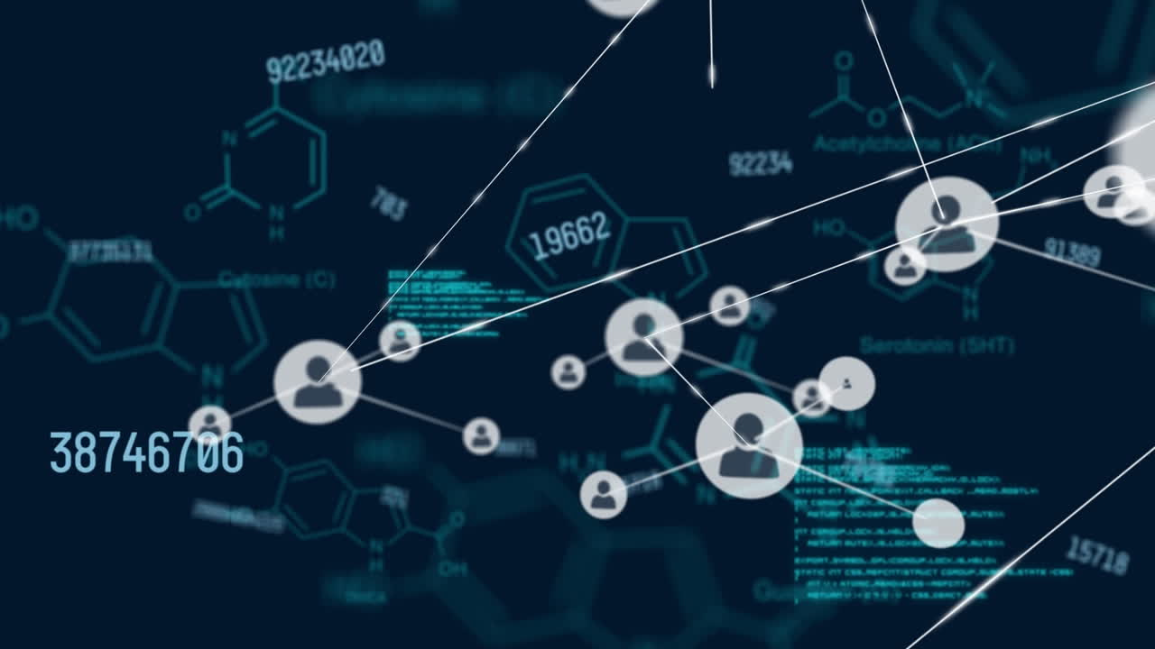 Animation of network of connections with digital icons and data processing in background