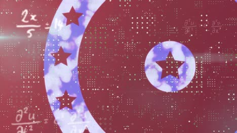 Dots-pattern-and-mathematical-equations-floating-against-stars-on-spinning-circles-on-red-background