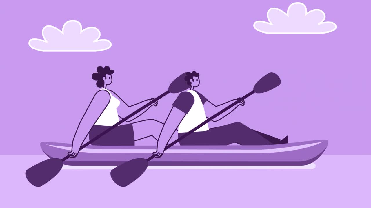фиолетовый стиль мужчина и женщина плоские персонажи плавают в каяке. изолированная цикла анимации с альфа-каналом