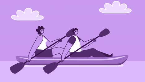 estilo púrpura hombre y mujer personajes planos nadan en kayak. animación de bucle aislado con canal alfa