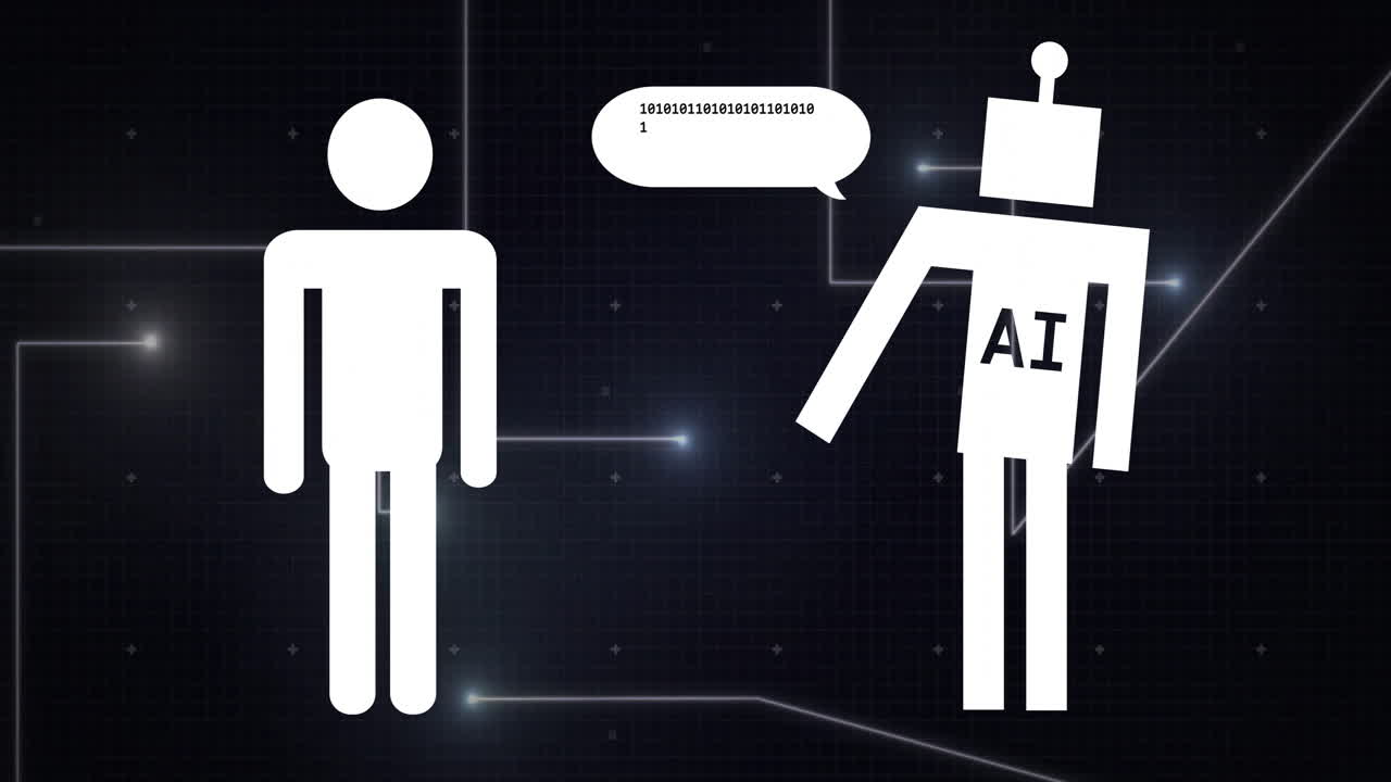 animación del procesamiento de datos digitales y conexiones con íconos y texto de chatbot artificial