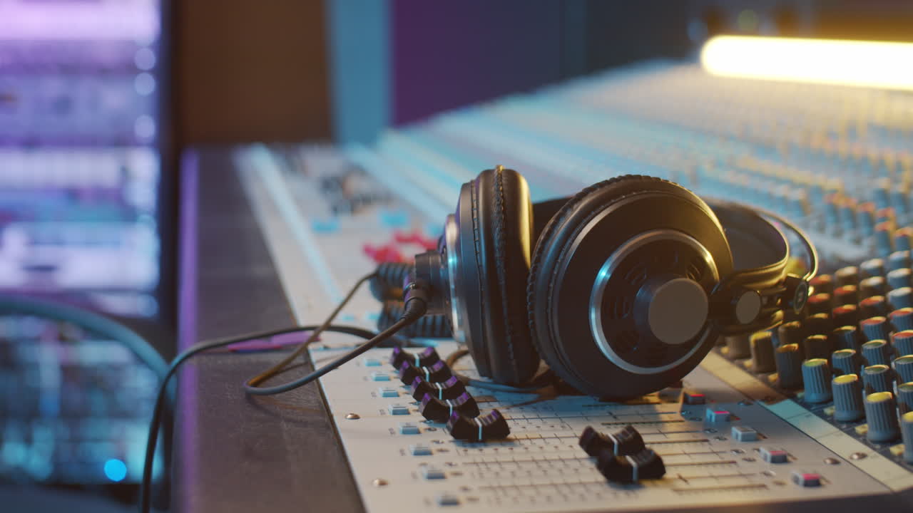 auriculares en la consola de mezcla en el estudio de grabación
