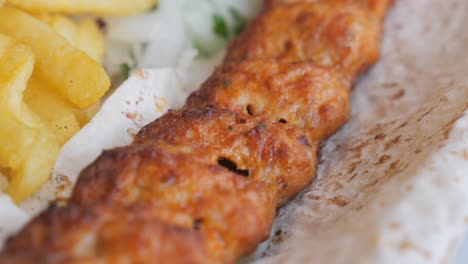 close-up of grilled kebab and french fries