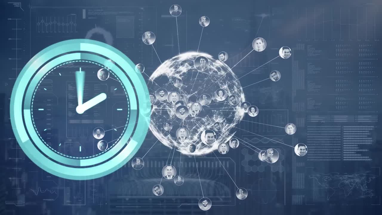 Animation of digital interface with clock over dark background