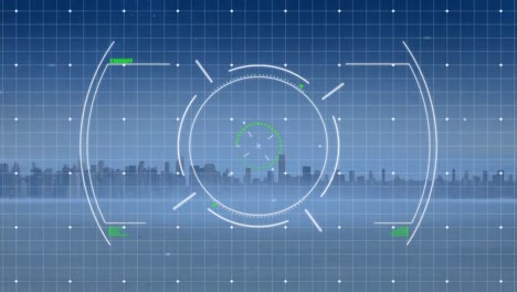 Animation-Eines-Kreisförmigen-Scanners-Mit-Gittermuster-über-Dem-Fluss-Und-Silhouettenwolkenkratzern-Vor-Dem-Himmel