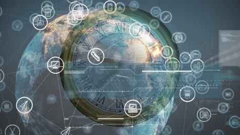 animación de la red global de iconos de medios y procesamiento de datos en todo momento