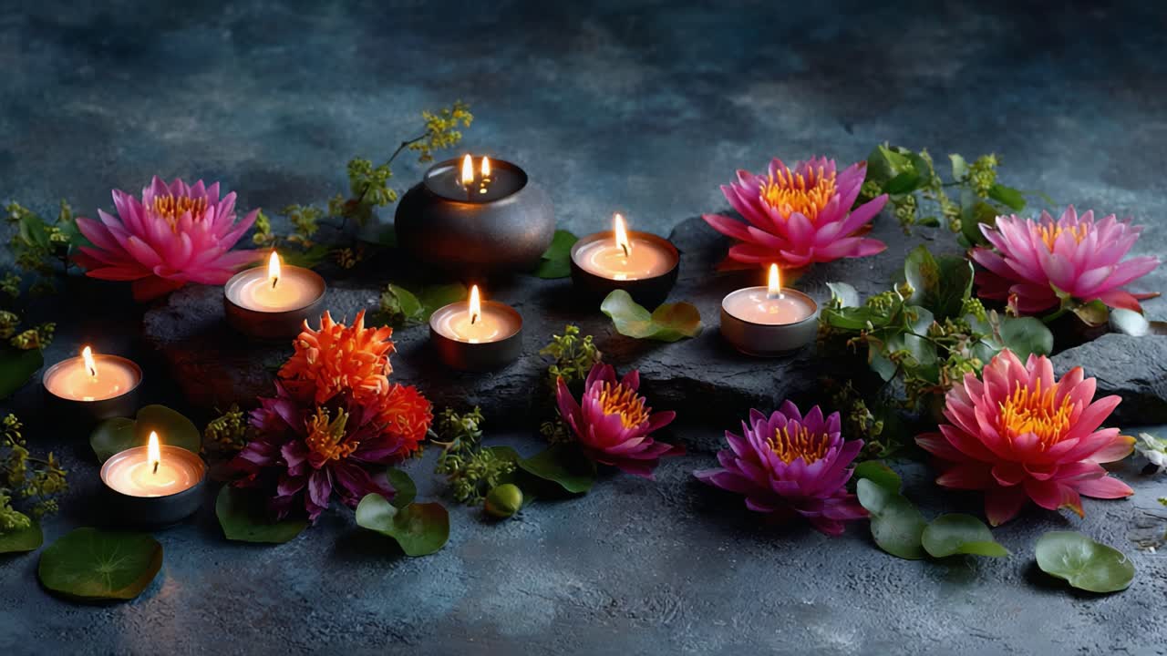 Una serena disposizione di fiori di loto galleggianti e candele tremolanti, che crea un'atmosfera tranquilla di calma, bellezza e riflessione in un'illuminazione soffusa.