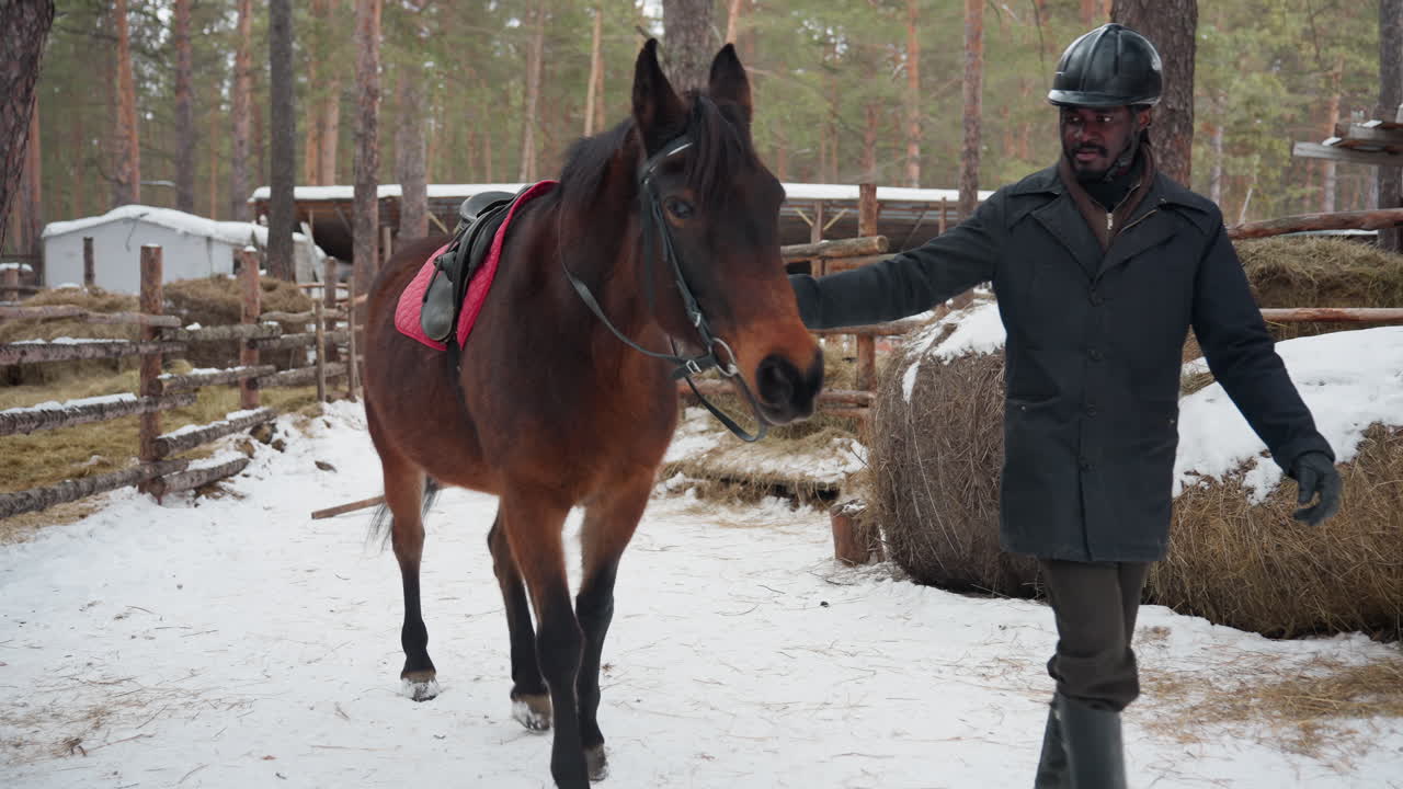 Человек направляет коня мимо ограждений на открытом воздухе, мужчина в шляпе ведет лошадь за барьеры в поля, человек в одежде проводит свое верховое животное через природные ландшафты и препятствия.