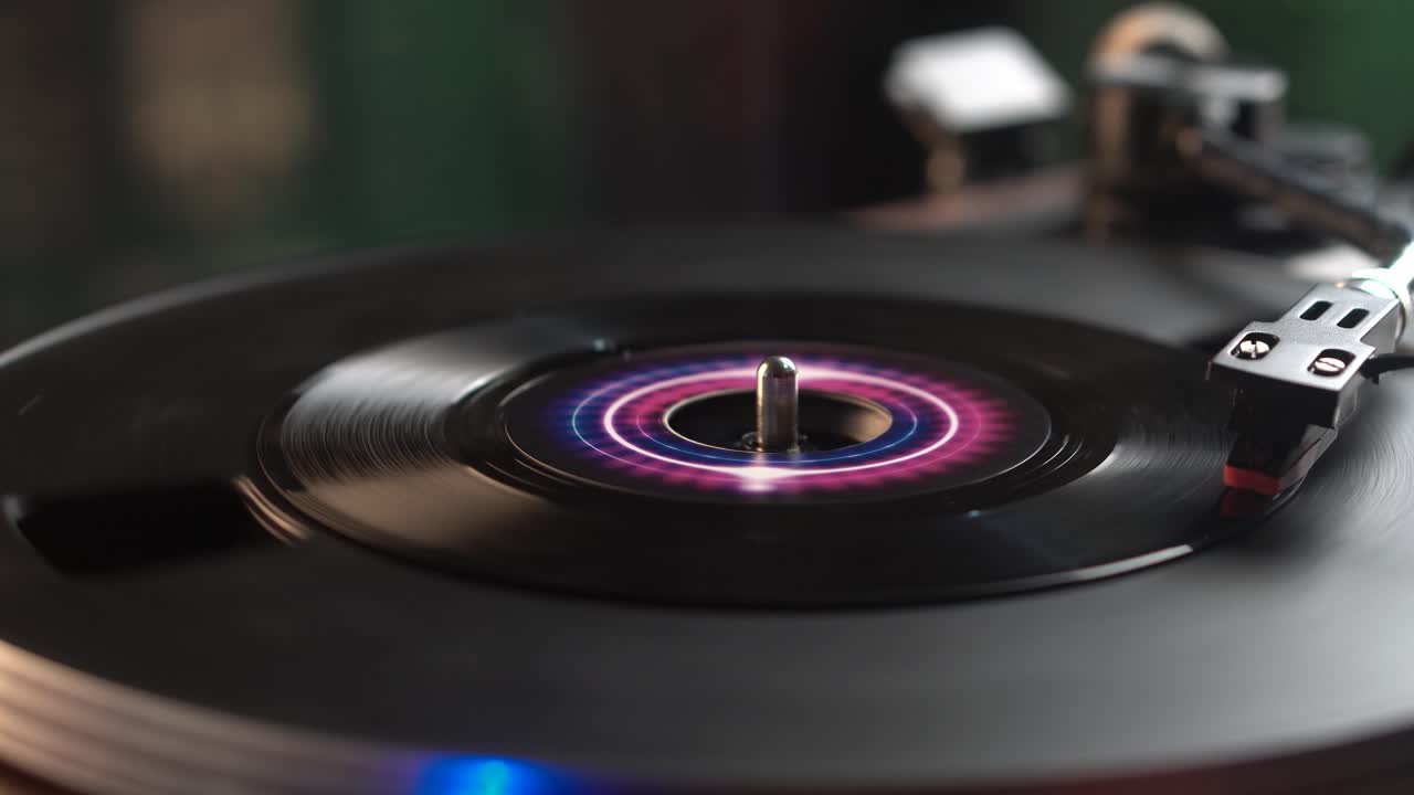 Starting Playback of Vintage Vinyl Single Record on Turntable, 1980's and 1970's Music Collection