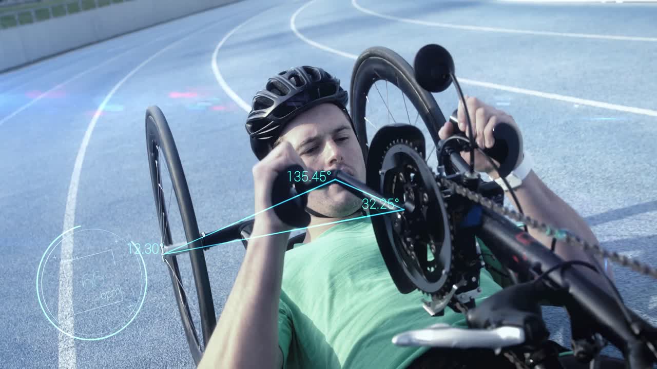 animación de medición de tiempo y un atleta caucásico compitiendo en una bicicleta reclinada
