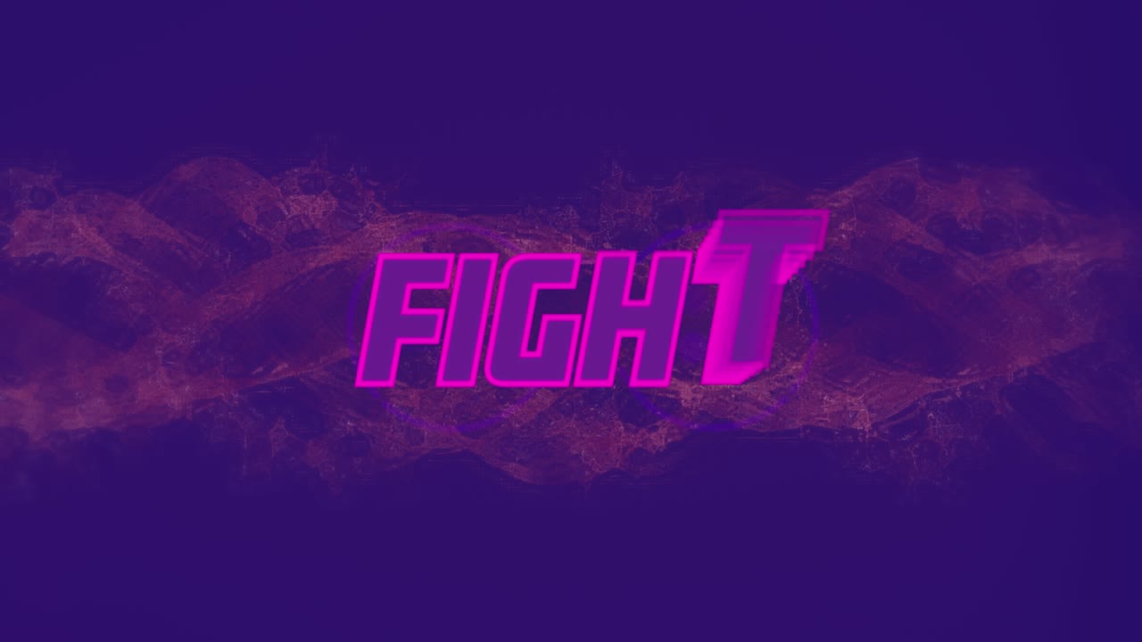 Animation of fight text banner over red digital waves against blue background