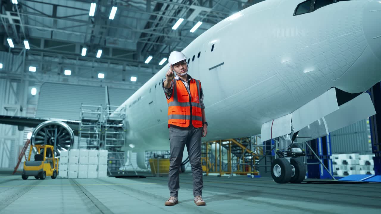 cuerpo lleno de ingeniero masculino asiático con casco de seguridad desaprobando sin señal del dedo índice mientras estaba de pie con el avión en el hangar