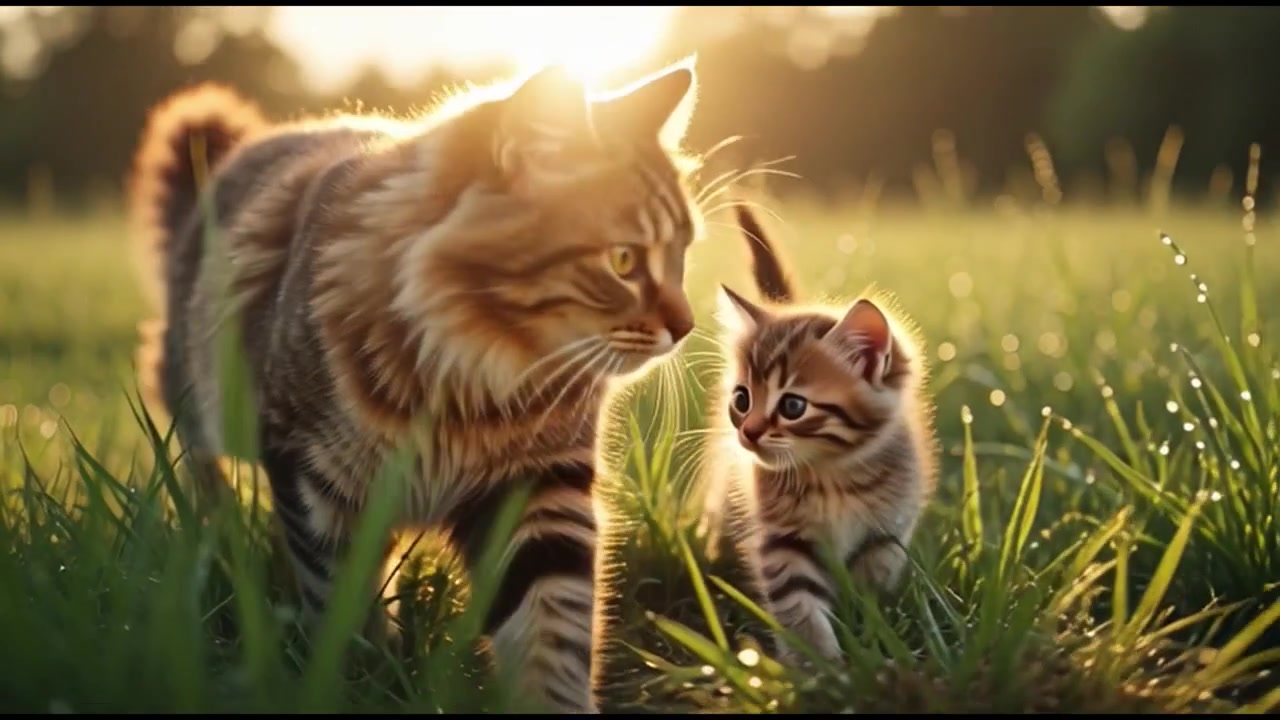 Gatta madre e il suo gattino che camminano attraverso un campo erboso al tramonto