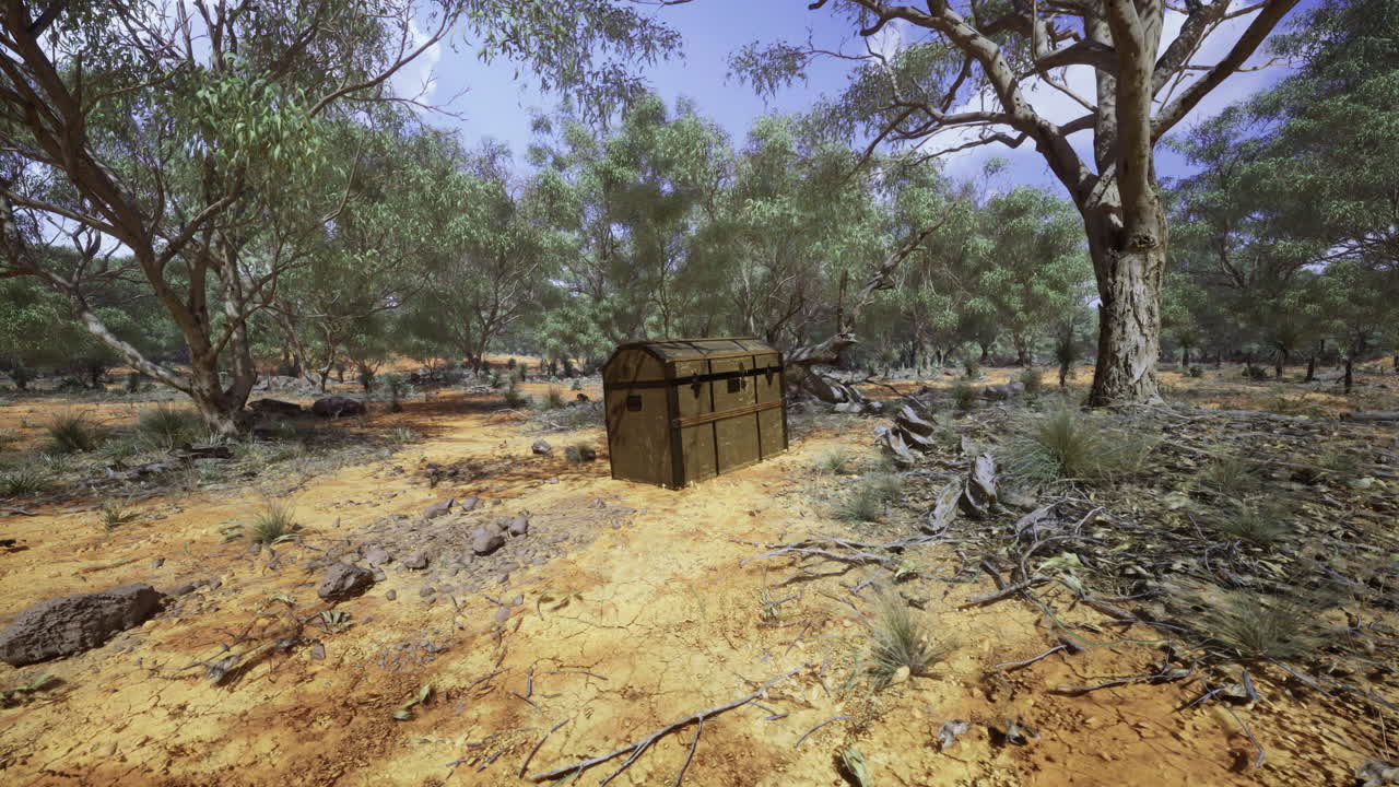 Old treasure chest in a dry sparse landscape under clear blue sky