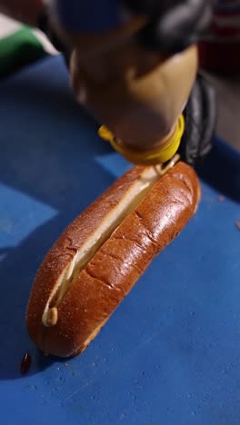 preparing a hot dog