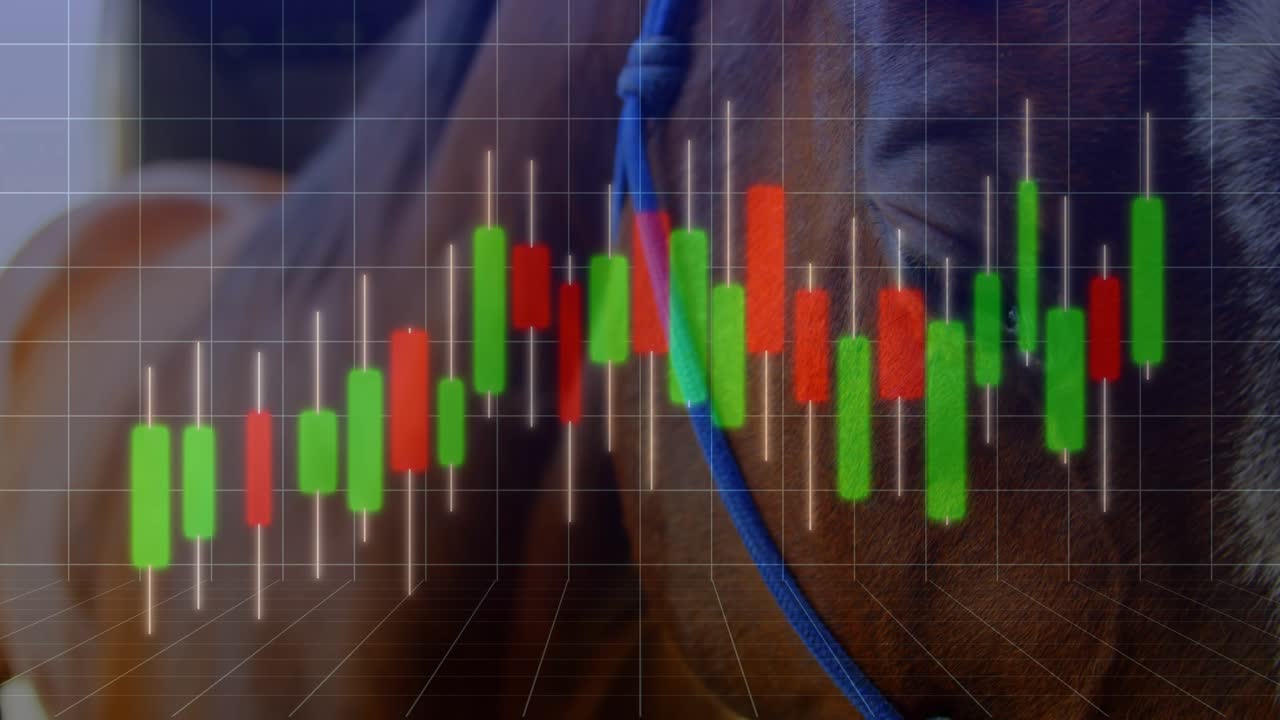 Ved opdatering, lysestage diagrammer over kvinde, der bærer blå høretelefoner, fluktuerende, visualiserer markedstendenser