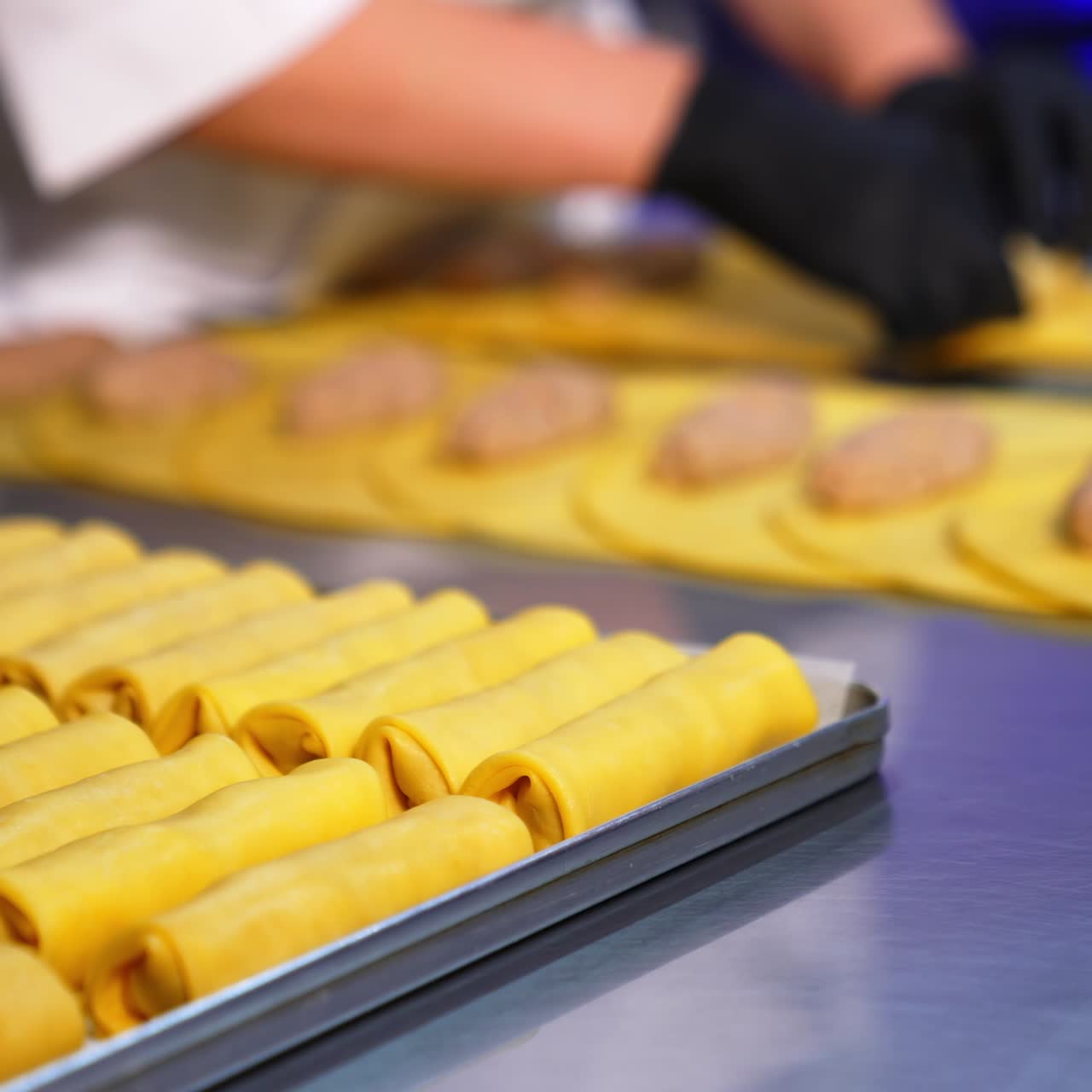 Nampan penuh berisi crepes isi setengah matang. Tampilan jarak dekat. Chef memakai sarung tangan menggulung panekuk kuning dengan isian di latar belakang yang buram.