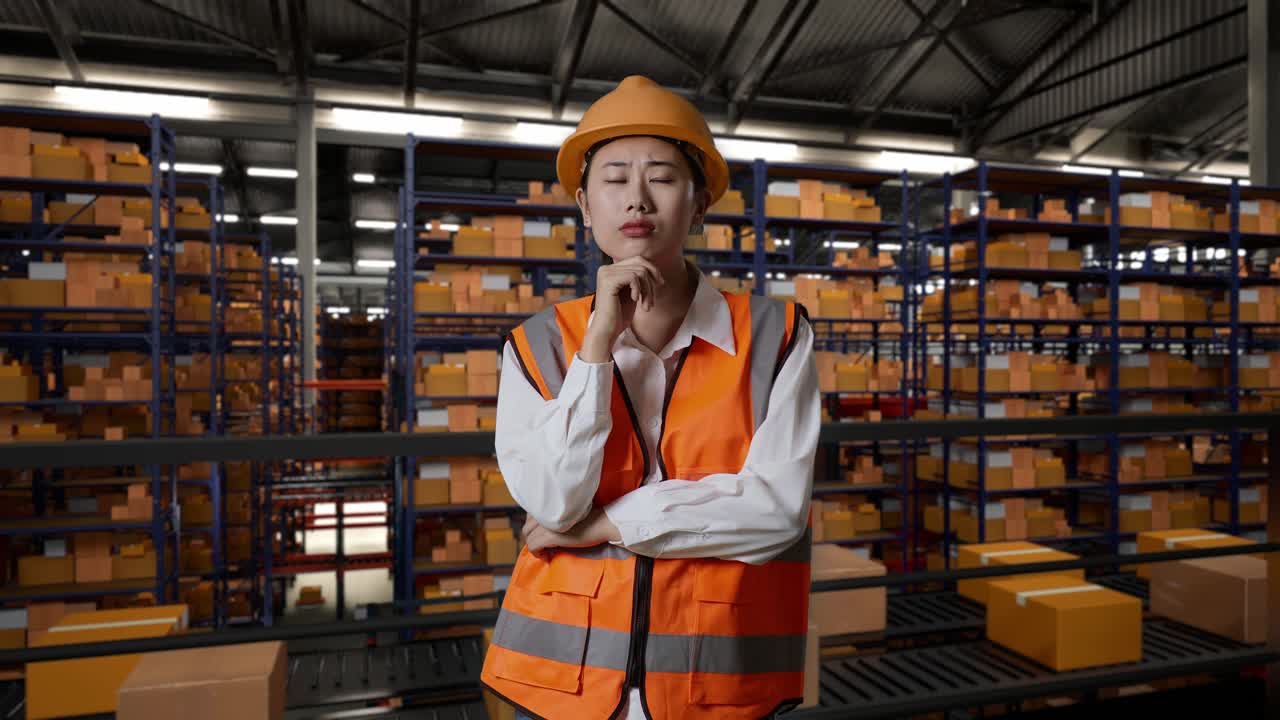 ingeniera asiática con casco de seguridad de pie en el almacén con estantes llenos de productos de entrega. pensando en algo y mirando a su alrededor y luego levantando su dedo índice