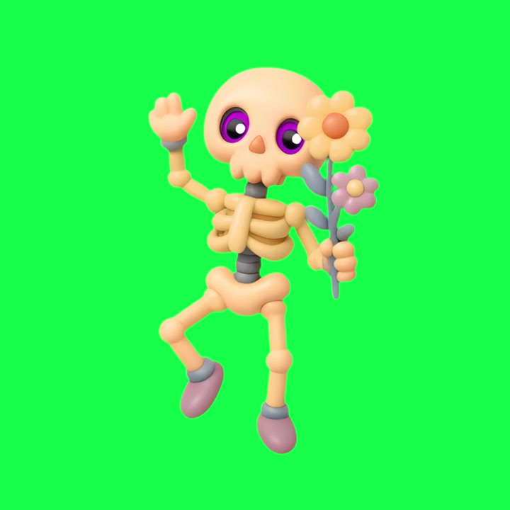 Simpatico personaggio scheletro dei cartoni animati che saluta e tiene in mano dei fiori