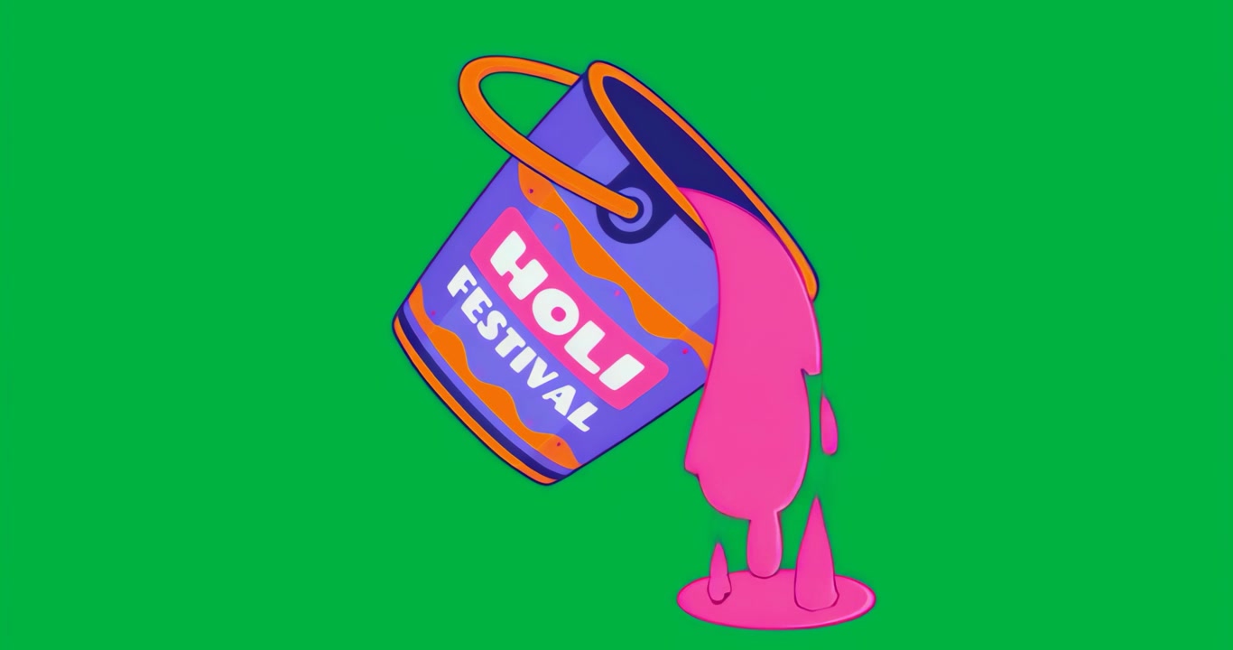 Secchio del Festival Holi che si inclina, facendo fuoriuscire vernice rosa che forma una pozzanghera su uno sfondo trasparente