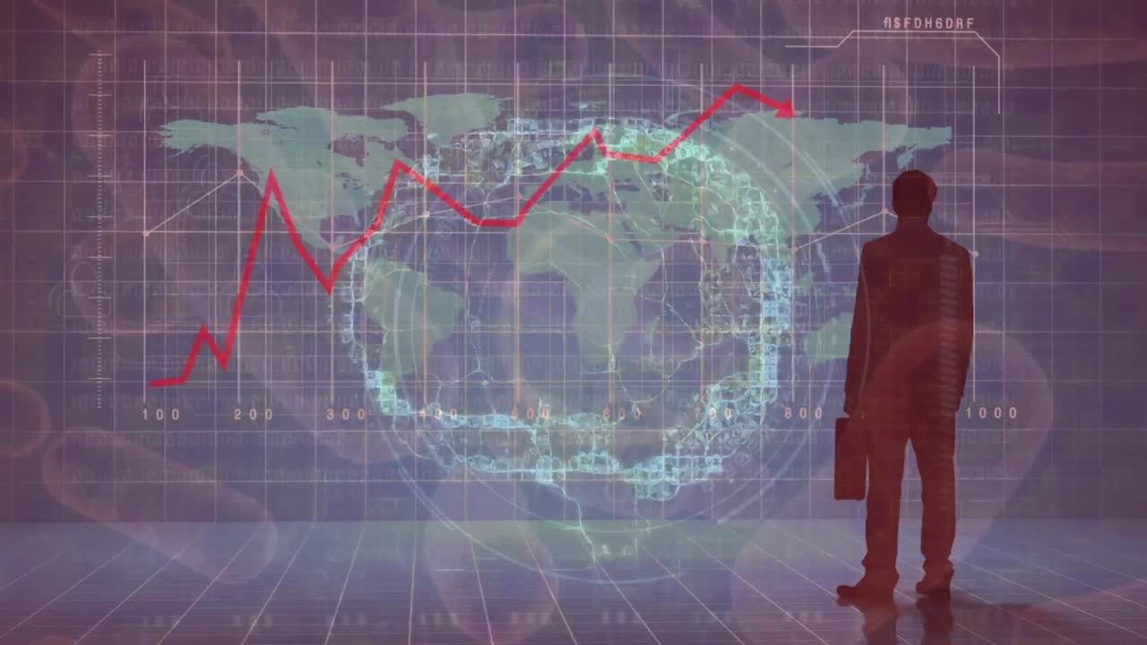 검은색 바탕에 있는 뇌와 세포에 대한 빨간 점의 애니메이션과 데이터 처리가 있습니다.