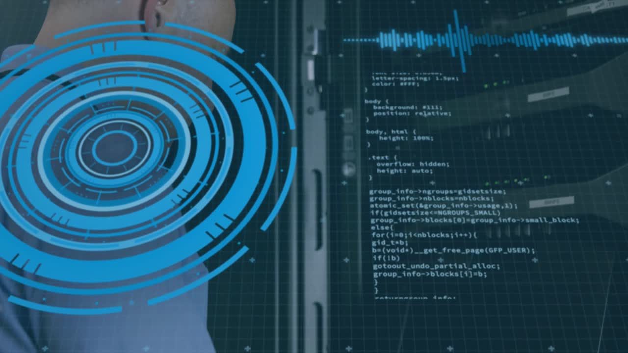 Animation of scope scanning and data processing over caucasian it man fixing computer server