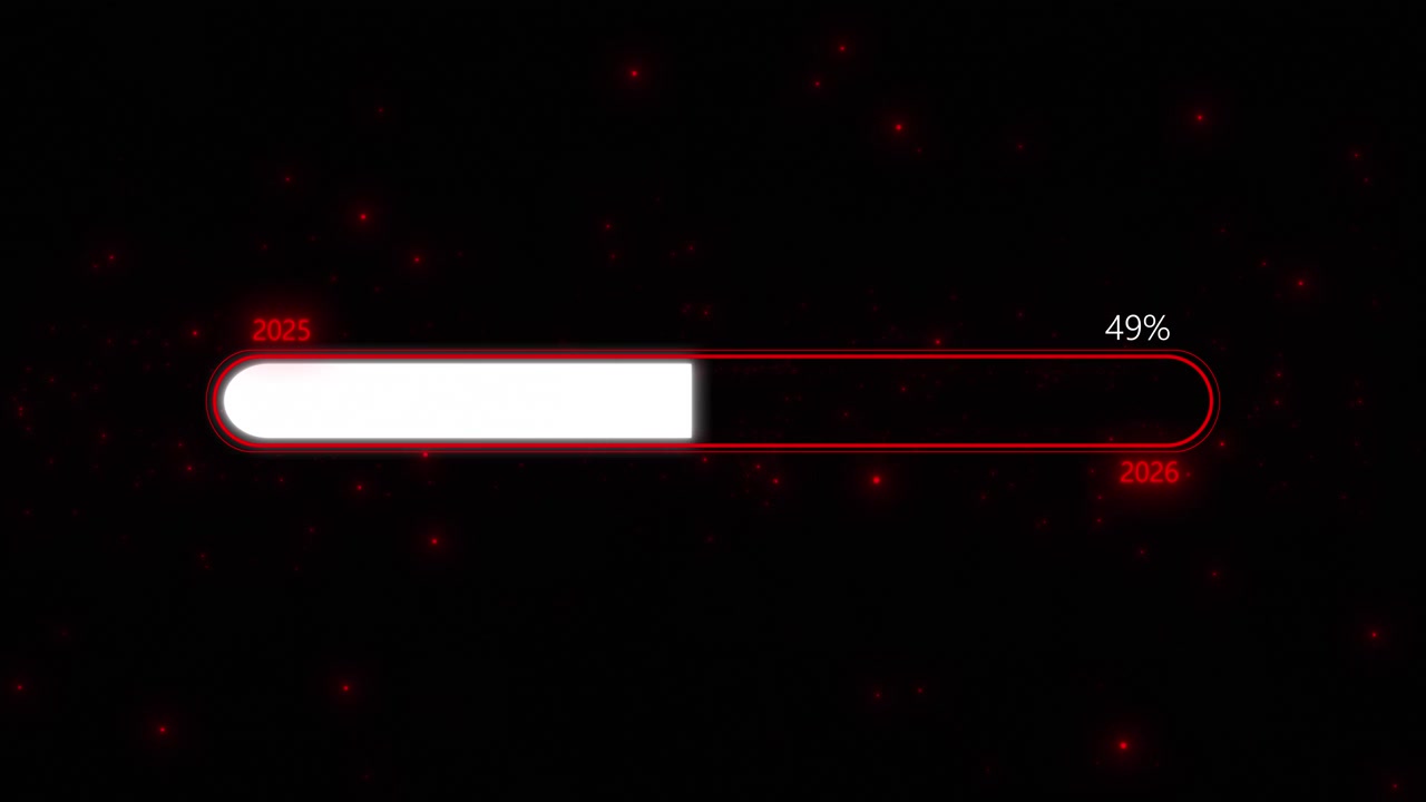 Glowing red timeline progress visual with low percentage label dark particle background and