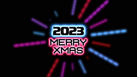 2023 años y feliz navidad con líneas azules y rojas sobre degradado negro