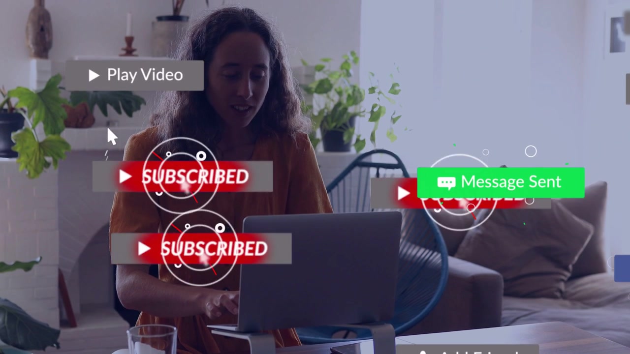 Woman typing at laptop, initiating subscribe or liked badges across screen for creators, reacting
