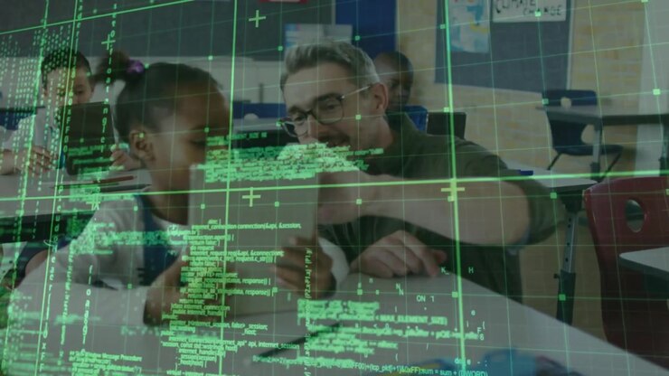Animation of data processing over diverse business people using computer