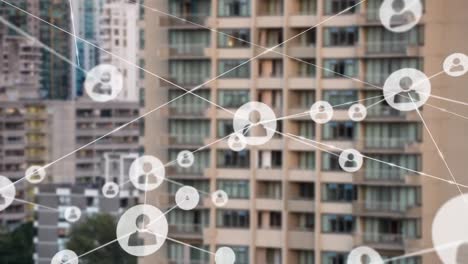 animation of network of connections with people icons over cityscape