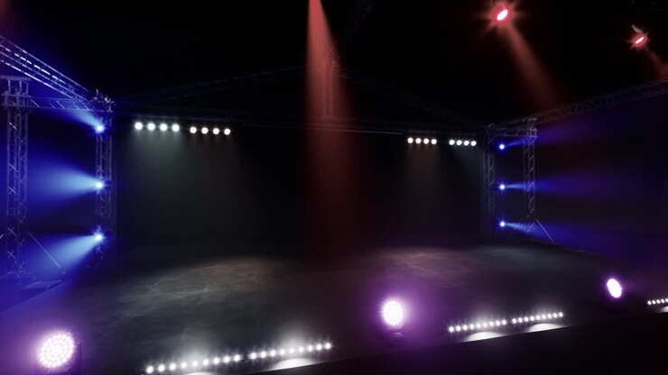 Stage setup with colorful lights ready for an upcoming performance