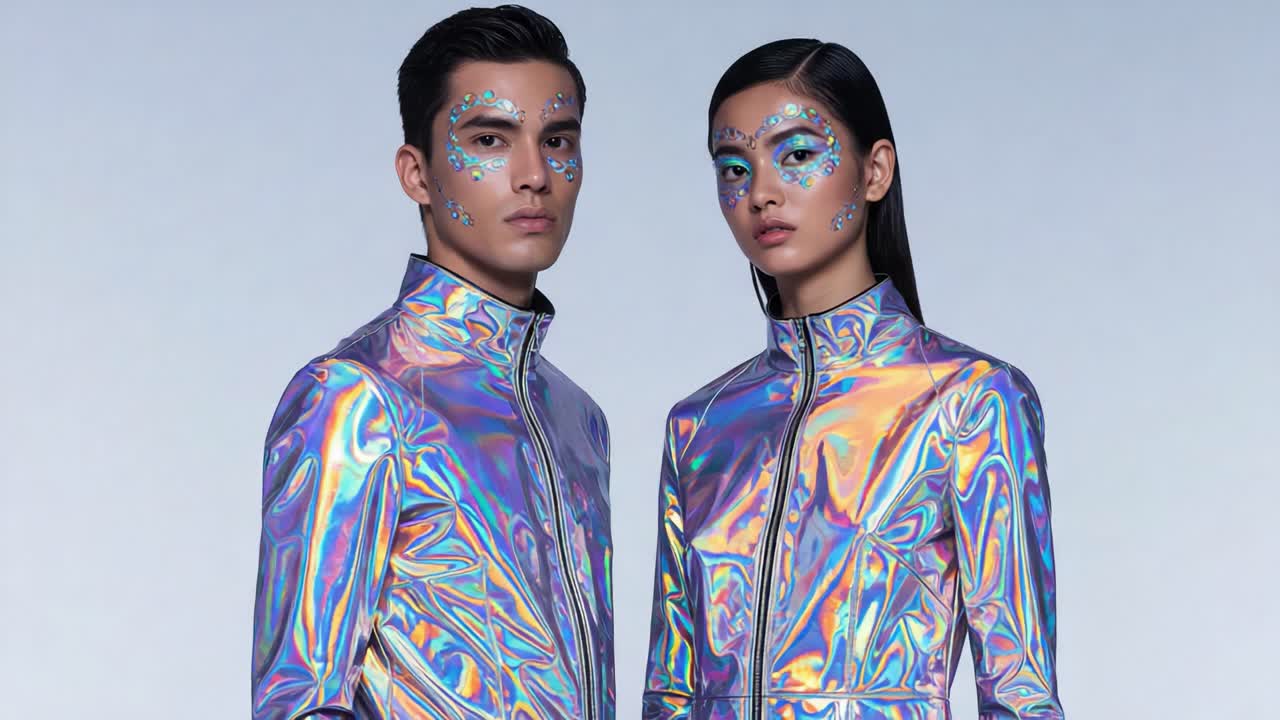 Futuristic Fashion in Shimmering Iridescent Skins: A Striking Visual Display of Style and Expression Captured in Two Stunning Frames