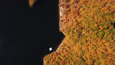 Forward-drone-shot,-top-view,-over-lake-Tarnita,-Romania,-surrounded-by-colorful-autumn-trees