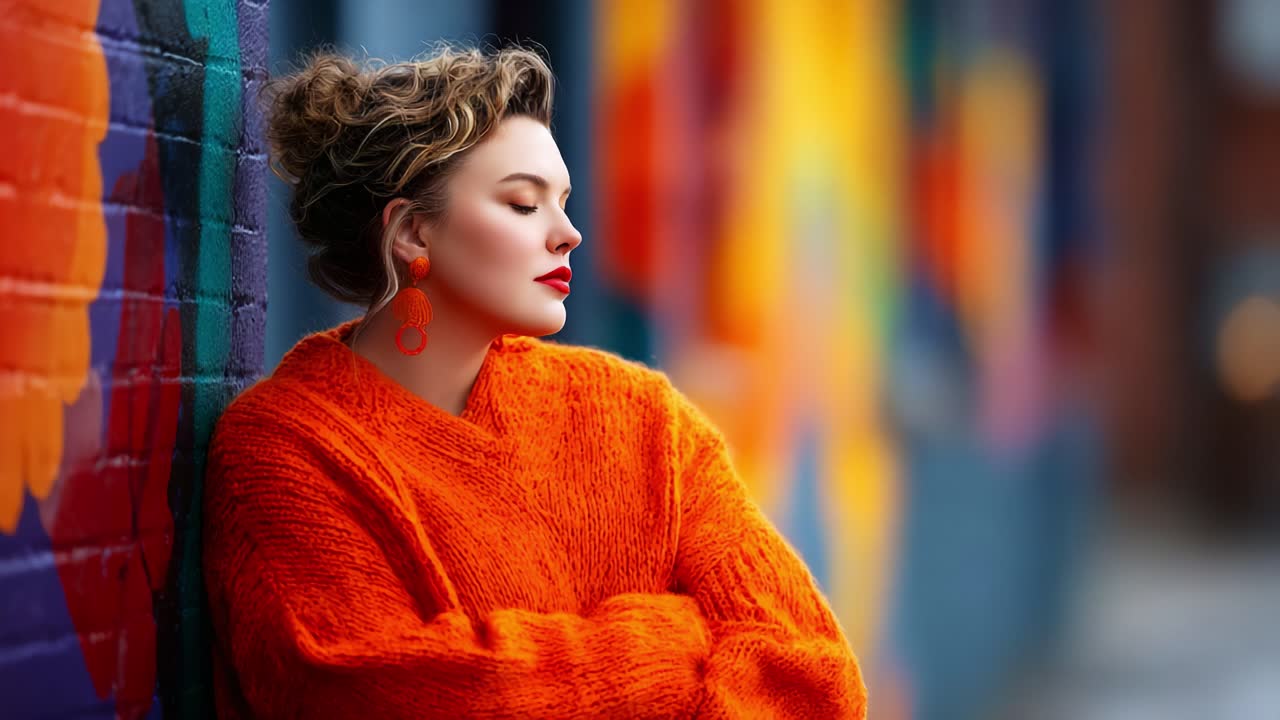 A Vibrant Portrait of a Woman in a Bright Orange Sweater Against a Colorful Mural, Capturing a Sense of Reflection, Style, and Urban Aesthetics in Natural Light
