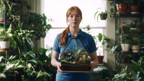 a serene gardener presents a lush terrarium surrounded by beautiful indoor plants in a sunlit room, showcasing the harmony between nature and nurture