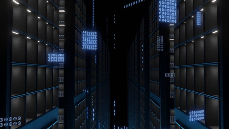 Animation of circuit board and digital data processing over computer servers