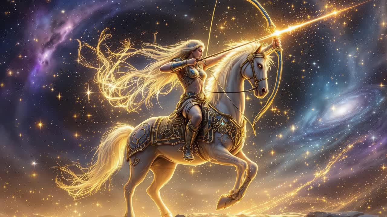 Ethereal warrior woman with flowing hair riding a majestic white horse, wielding a glowing bow and arrow against a cosmic starry background, embodying strength and grace