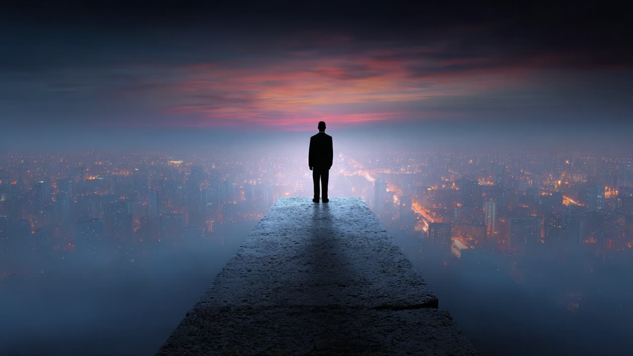 A solitary figure stands at the edge of a vast, breathtaking cityscape, contemplating the vastness of the horizon against a magnificent twilight backdrop