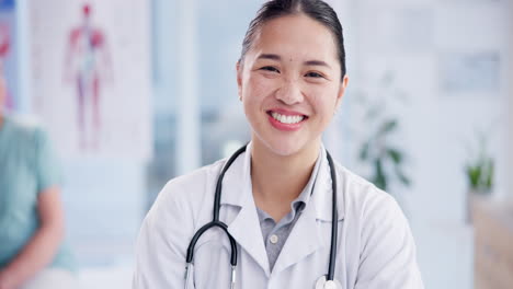 happy, asian face and doctor with arms crossed