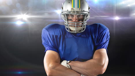 animation of portrait of male american football player at floodlit stadium