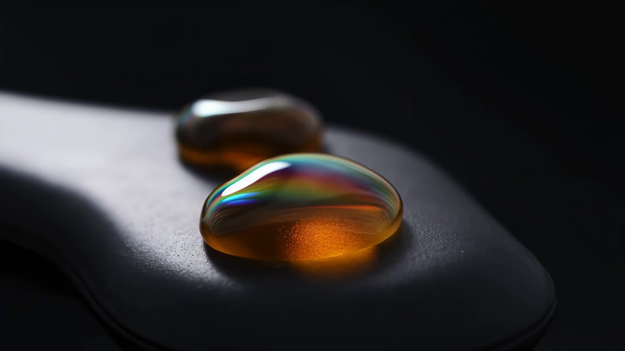 Una goccia ambra traslucida in primo piano poggia su una superficie curva scura e opaca, mentre una seconda goccia più morbida appare sfocata dietro, creando riflessi lucidi, una rifrazione vivida, una sfocatura morbida e un'atmosfera minimale.