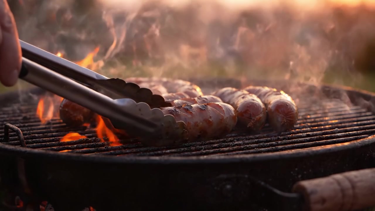 Esperienza di grigliata sfrigolante: salsicce succulente scottate alla perfezione su una griglia ardente con fumo che sale e fiamme che danzano sullo sfondo di una serata estiva.